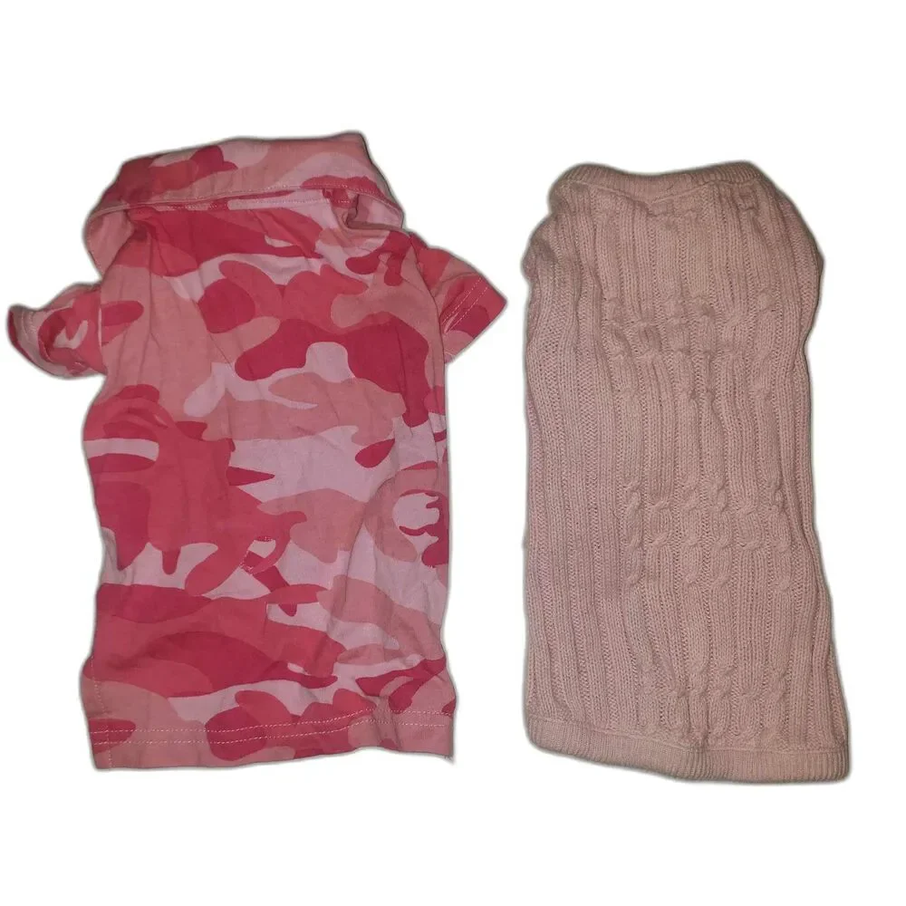 Pink Lightweight Cotton Camouflage Dog Shirt and Pink Dog Sweater Size Small